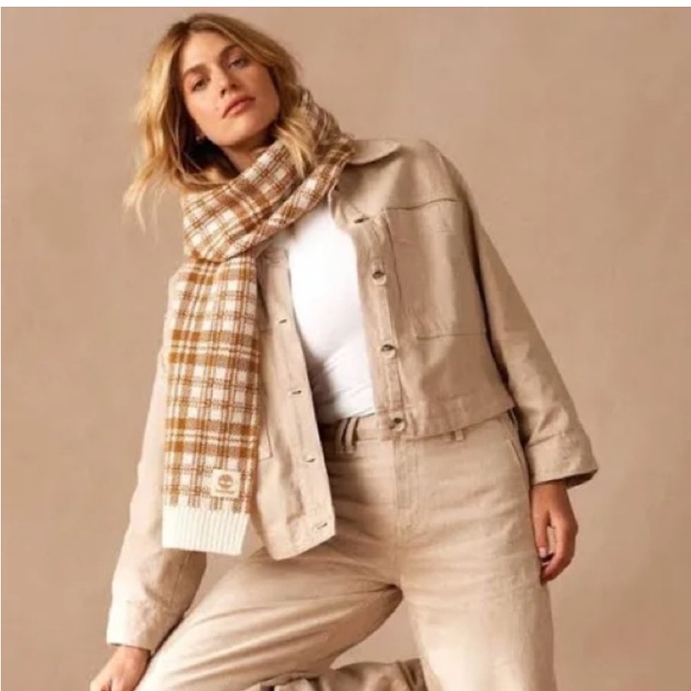 Timberland Plaid Knit Scarf Tan Cream NWT One Size
